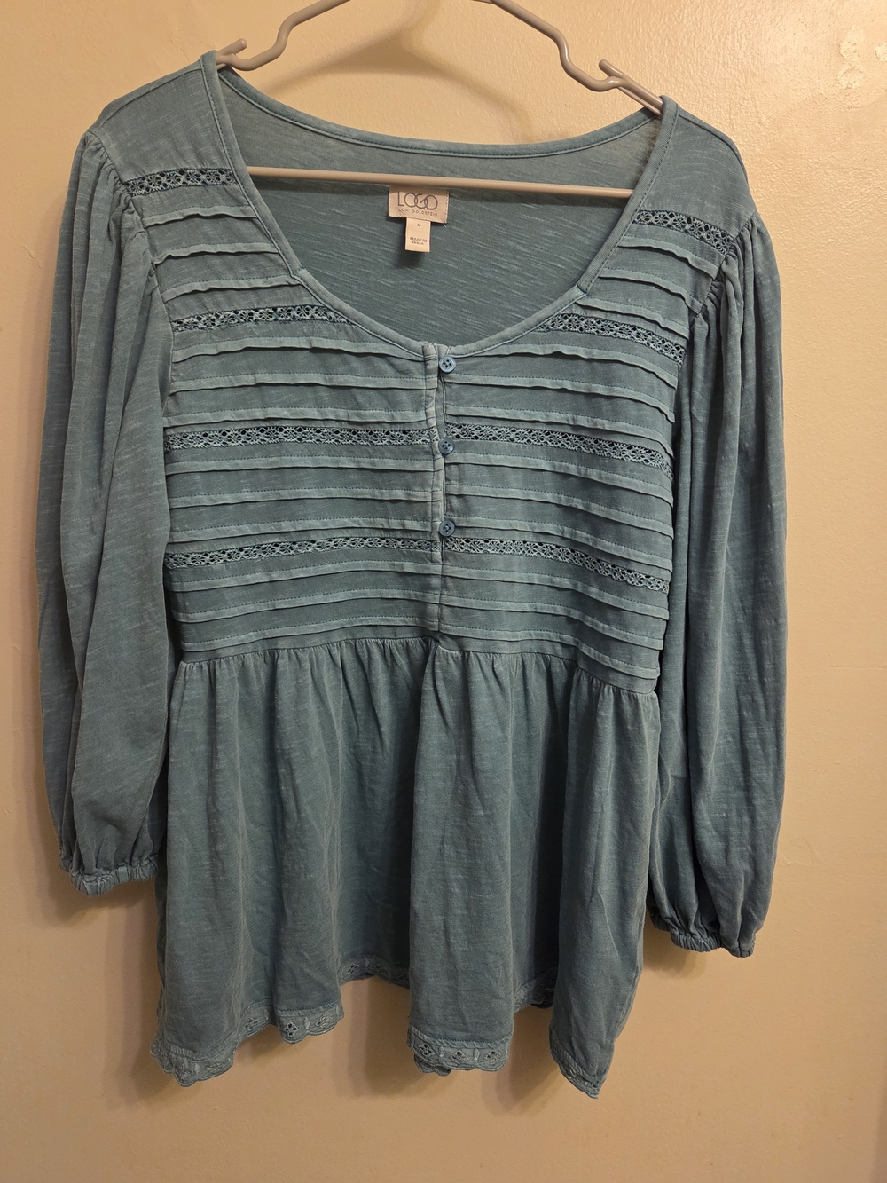 LOGO Lori Goldstein Blue Cotton Lace Trim Babydoll Top Boho Slub Knit Medium
